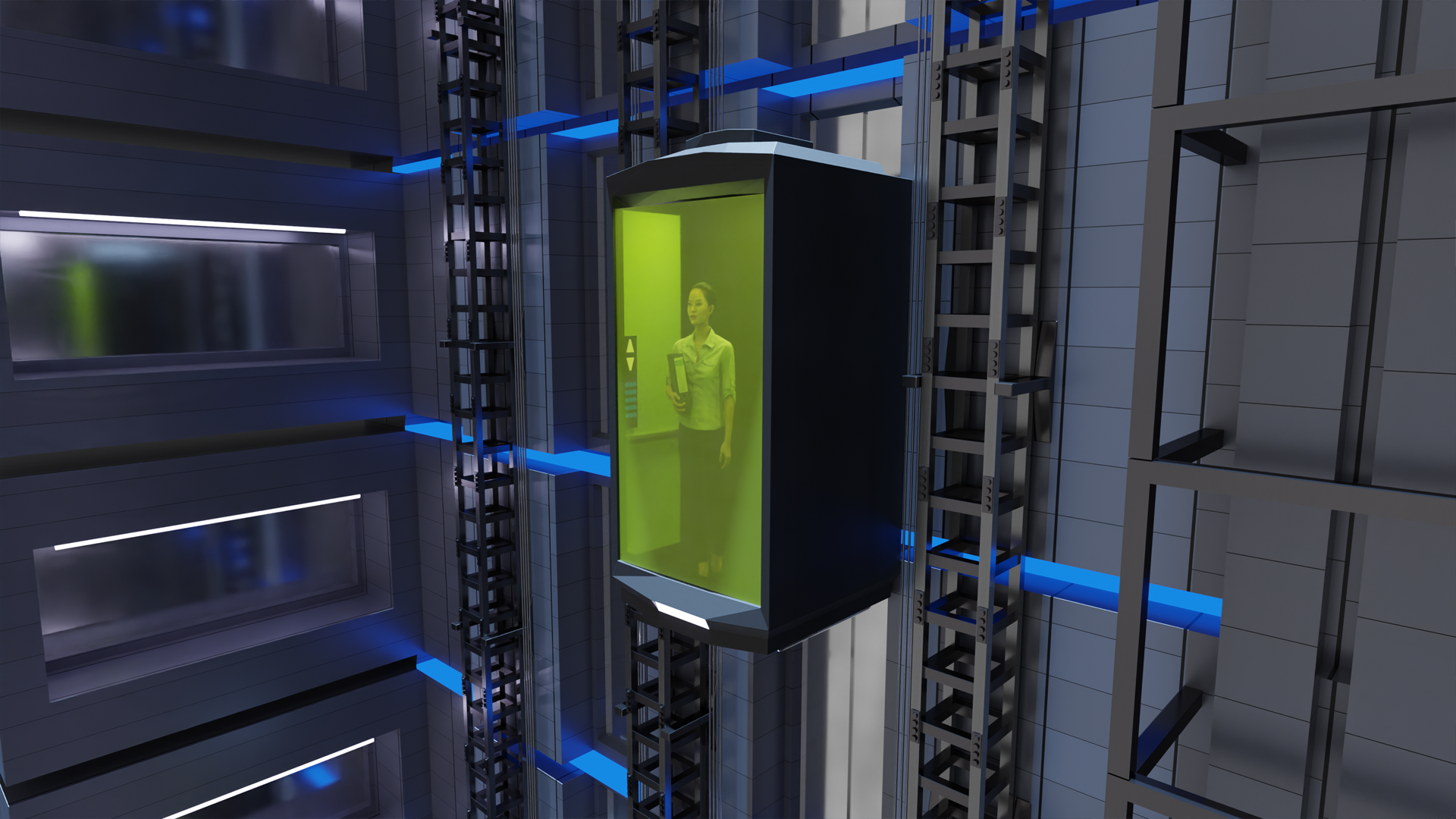 Aufzugskabine fährt sanft an und stoppt auf der richtigen Höhe