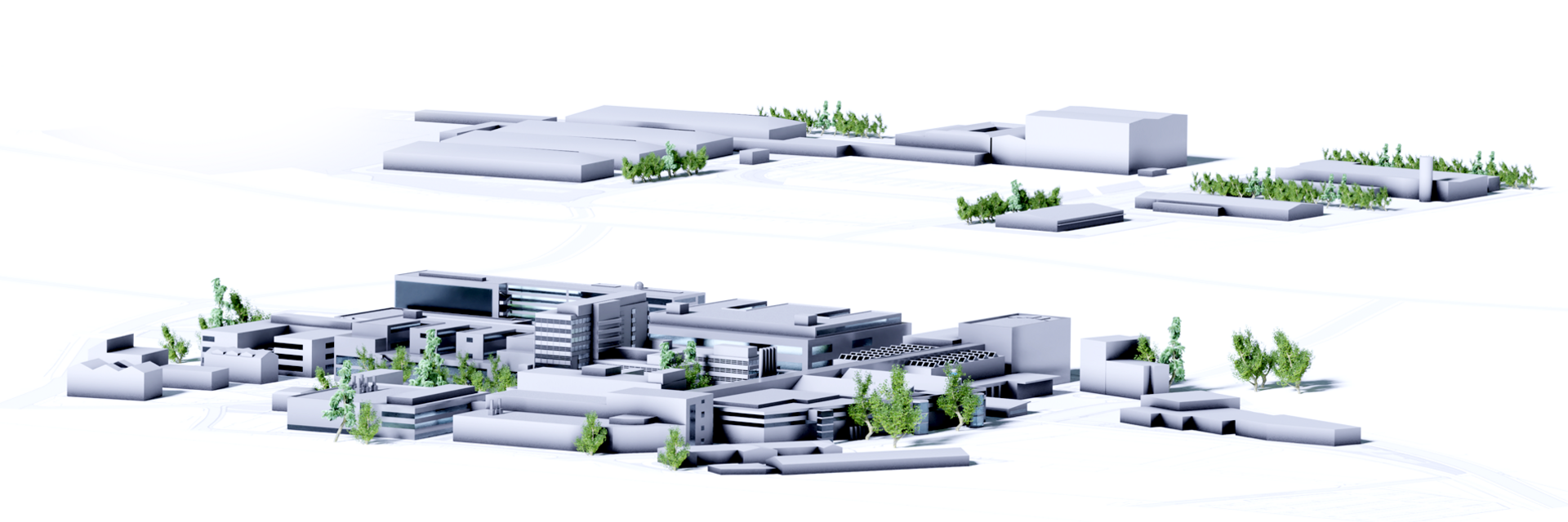 Abstrakte Modellansicht des Standorts mit Gebäuden und Grünflächen