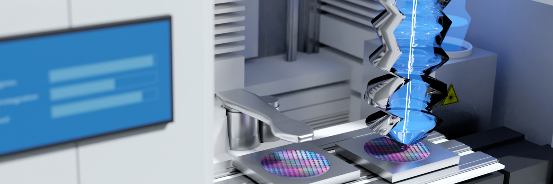 Runde Halbleiterscheiben liegen in einer Fertigungsanlage